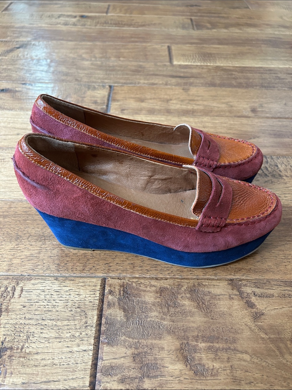 Anthropologie Pilcro and the Letterpress Platform Wedge Loafers Red Navy Size 8